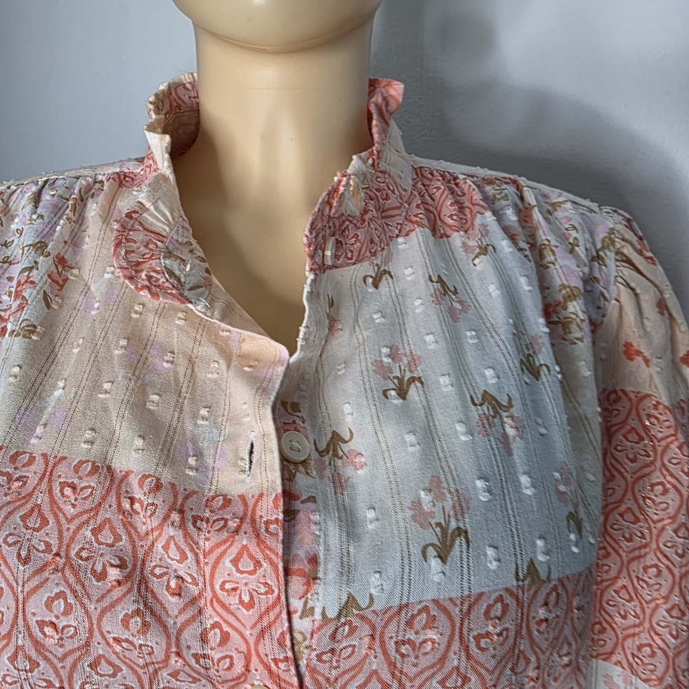 Style & Co. Patchwork Ruffle-Neck Blouse in Coral & Cream Size US/M - Picture 4 of 13